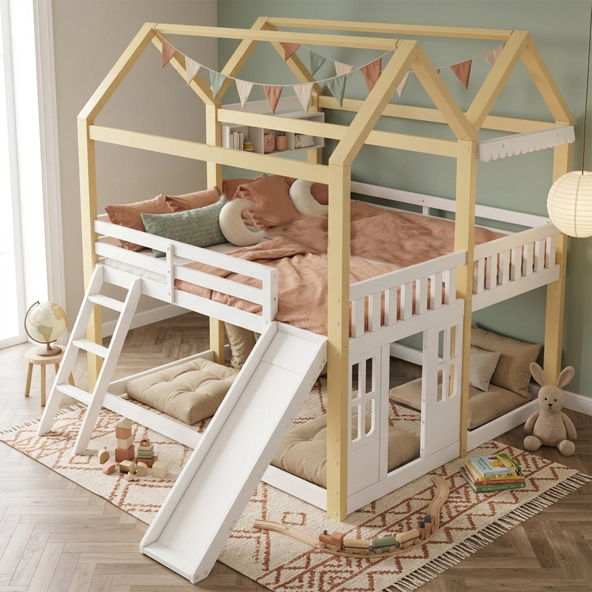 Children's House Loft Bed 90x200cm with Slide, White & Natural Wood
