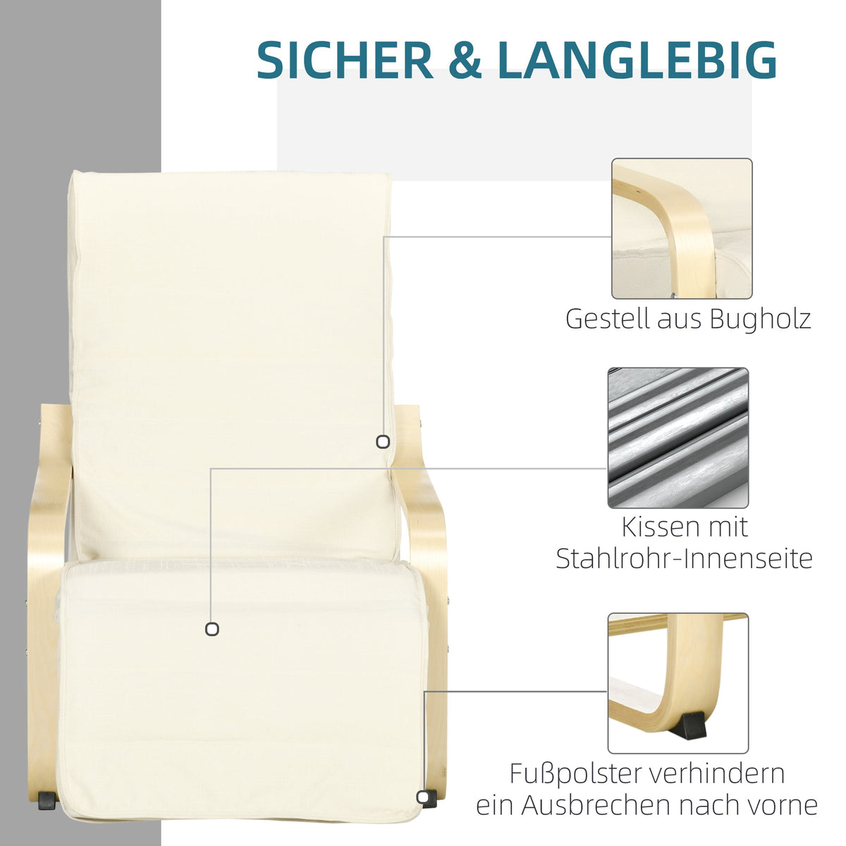 Recliner Chair, Rocking Relaxing with Adjustable Footrest, Birch Wood Cream White