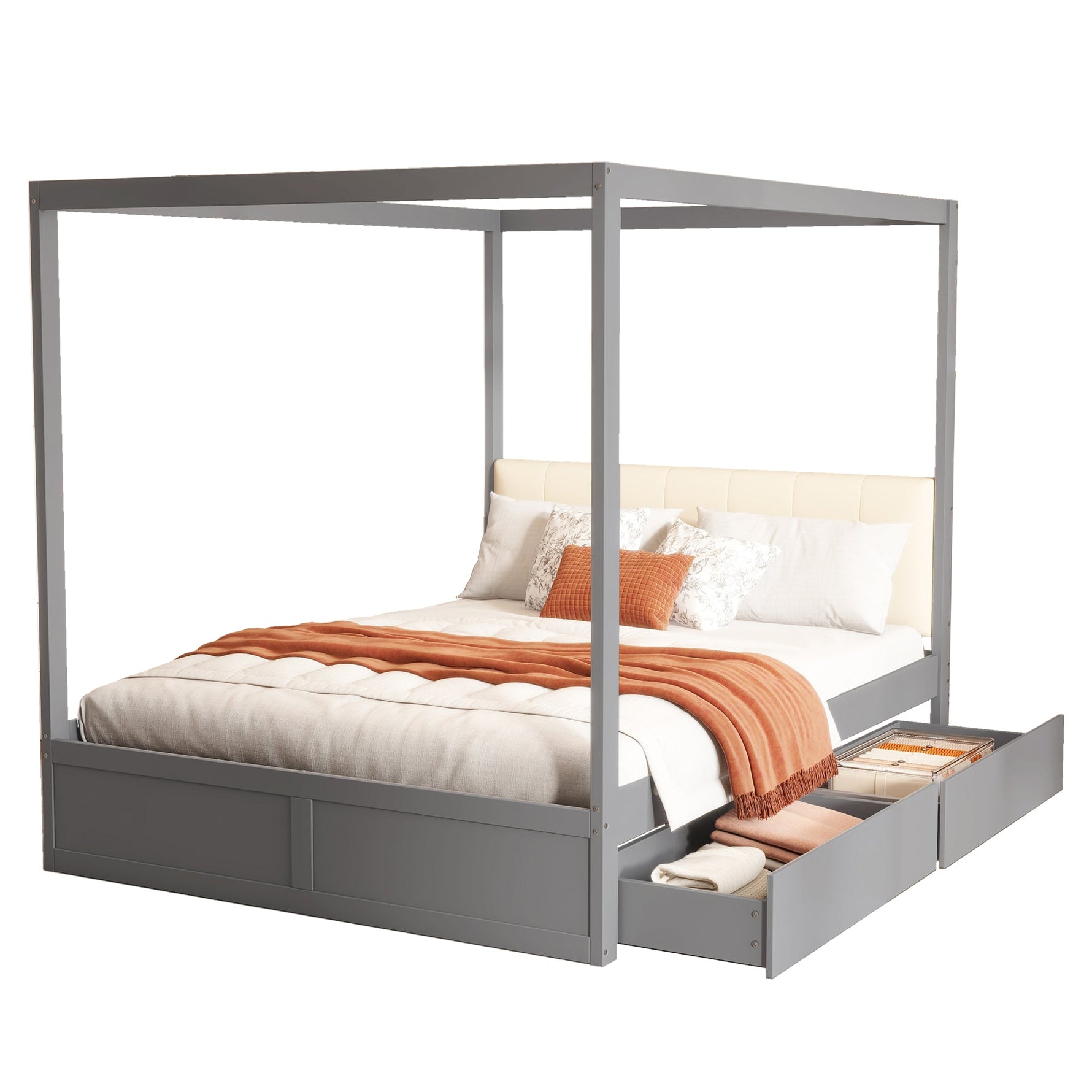 Canopy Bed 140x200 cm with Large Drawers & Soft Headboard, Wooden Grey