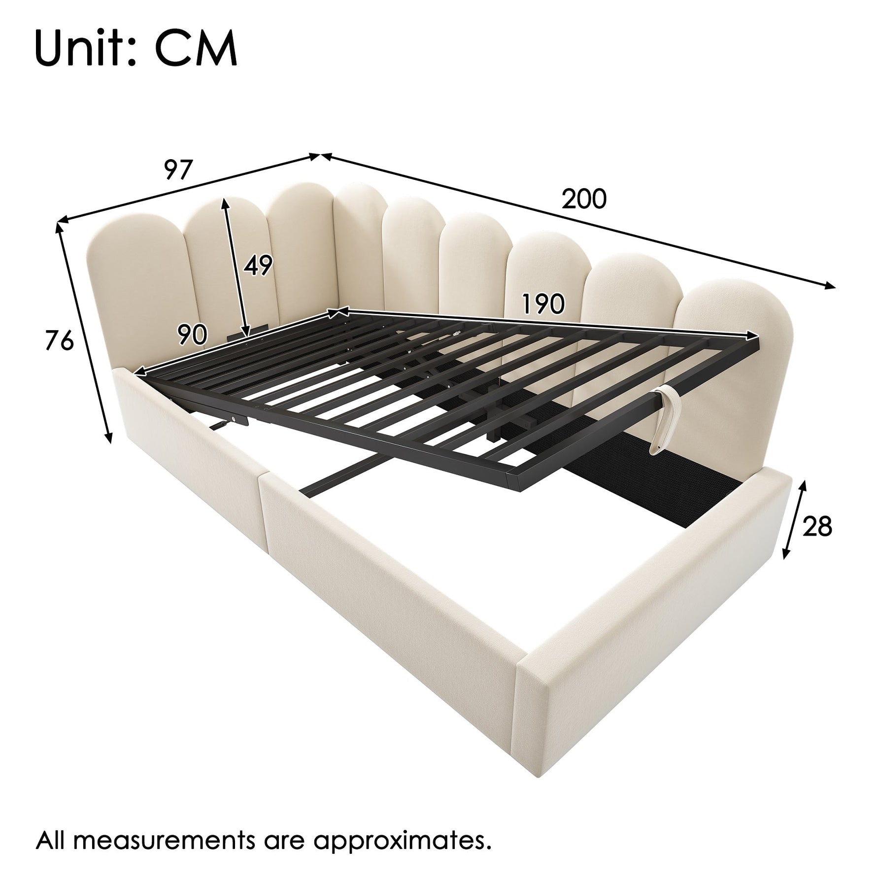 Upholstered Daybed Sofa Bed 90x190cm Hydraulic Storage Metal Slatted Base, Beige Velvet