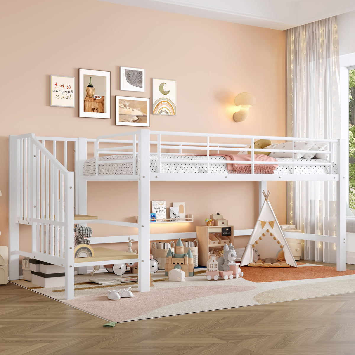 Semi-High Loft Bed 90 x 200 cm with Storage Stairs, White
