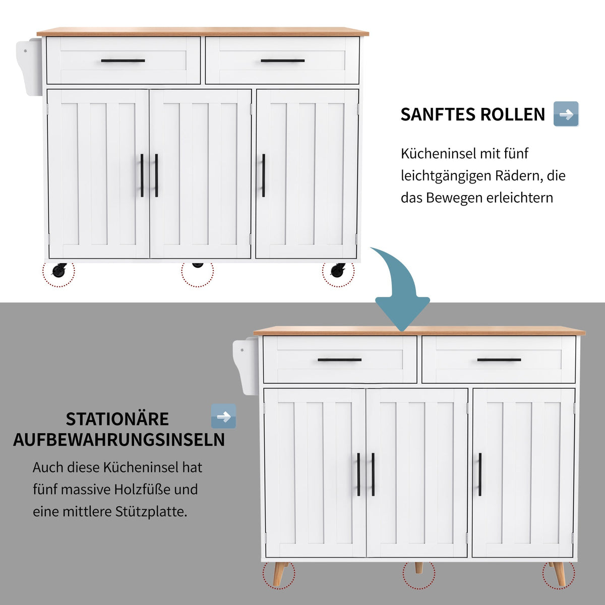 Dining Table Trolley/Sideboard, Folding Top Kitchen Island 5 Wheels 2 Drawers, White