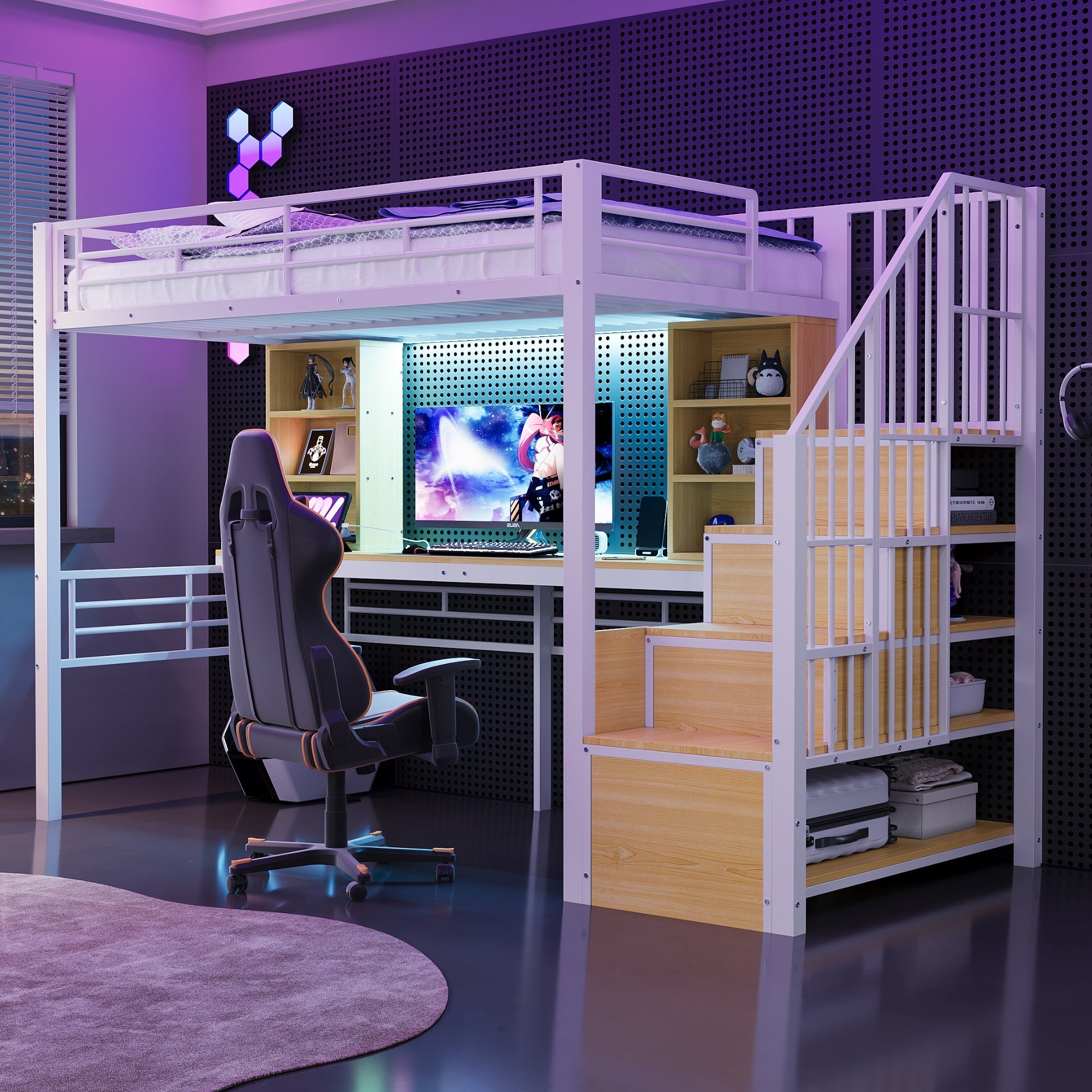 Loft Bed with Desk, Shelf, LED Lighting and Storage Stairs, 90x200cm, White Iron Frame