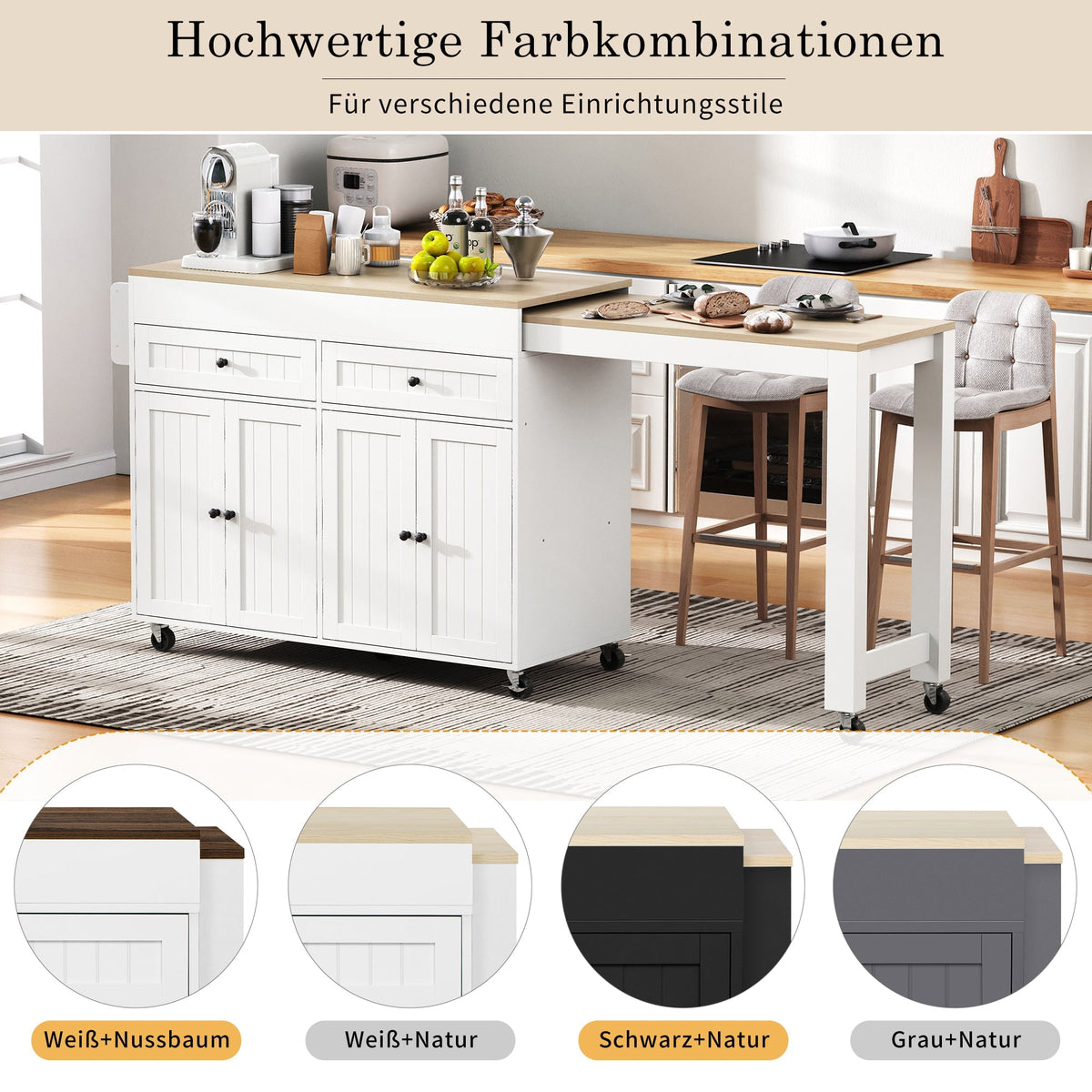 Kitchen Island, Extendable with Worktop & Drawers, Mobile, White+Natural
