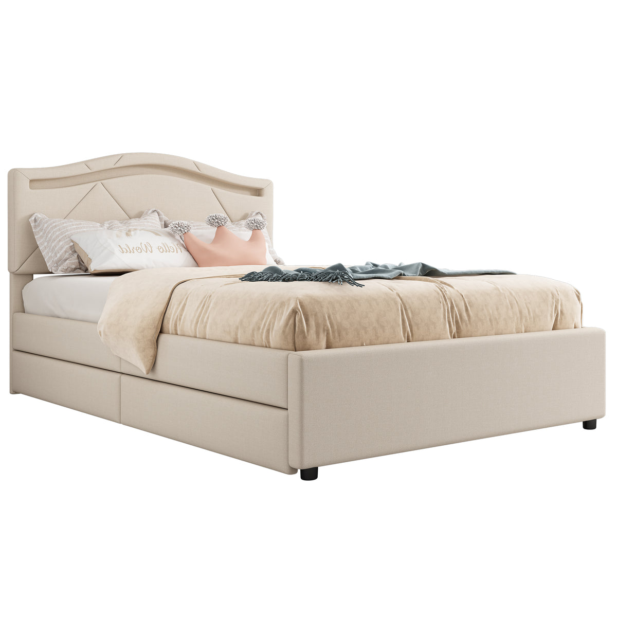 Upholstered Bed 90x200 with LED & 2 Drawers, Beige Linen