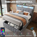 Upholstered Bed 140x200cm, LED & USB, Hydraulic Storage, Linen Fabric Gray