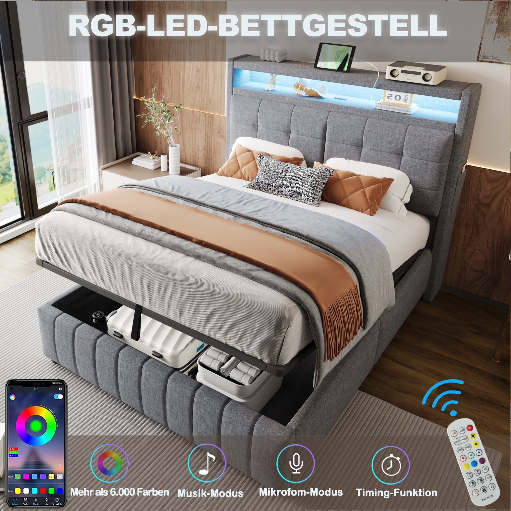 Upholstered Bed 140x200cm, LED & USB, Hydraulic Storage, Linen Fabric Gray