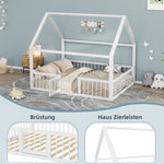 Flatbed Metal Bed 140x200cm with House Trim & Railing - White