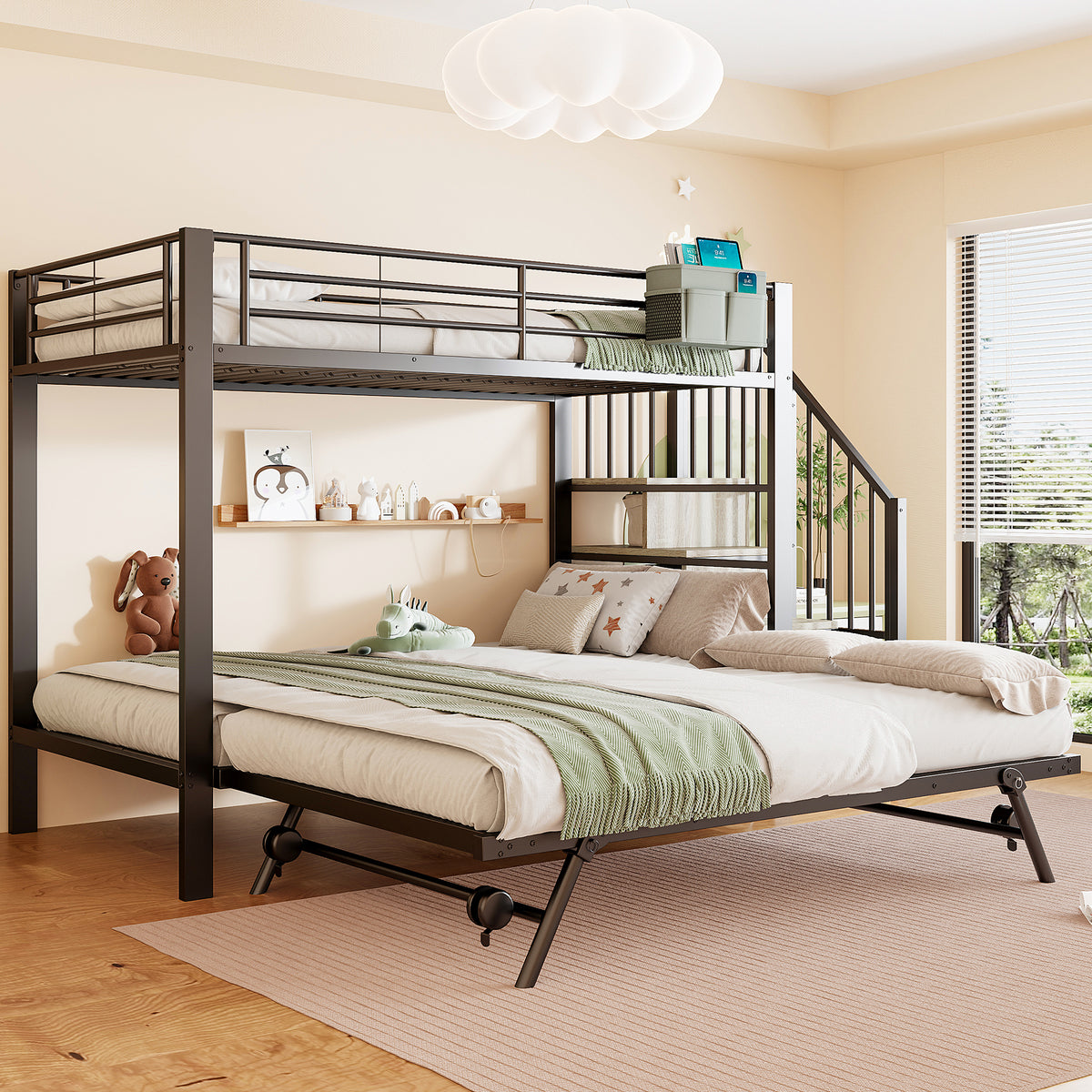 Bunk Bed with Pull-Out Bed & Storage Stairs, Black Iron Frame