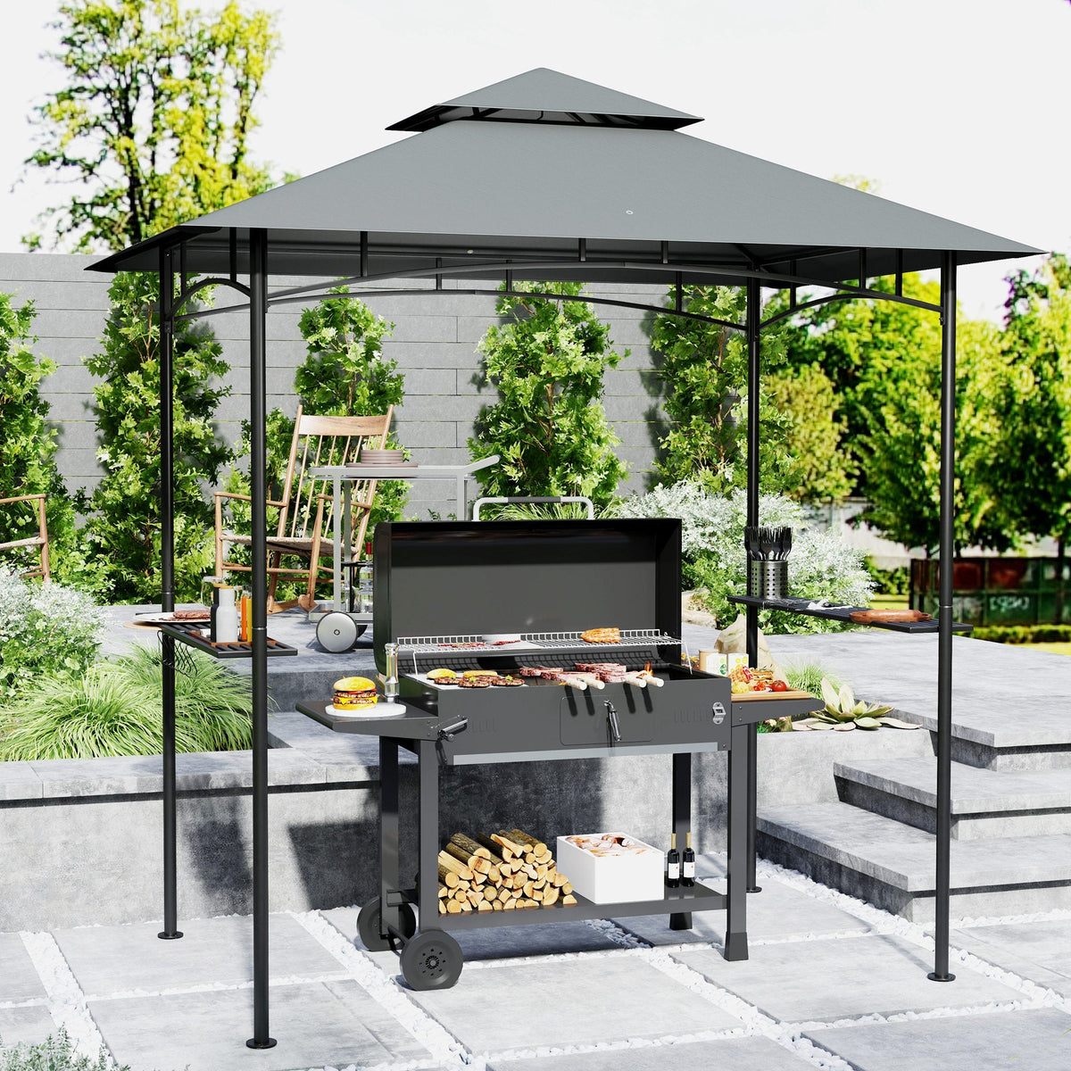 Grill Pavilion LED Lighting, 240x150x258cm, Water-Repellent, Double-Layered Roof, Side Shelves, Dark Grey