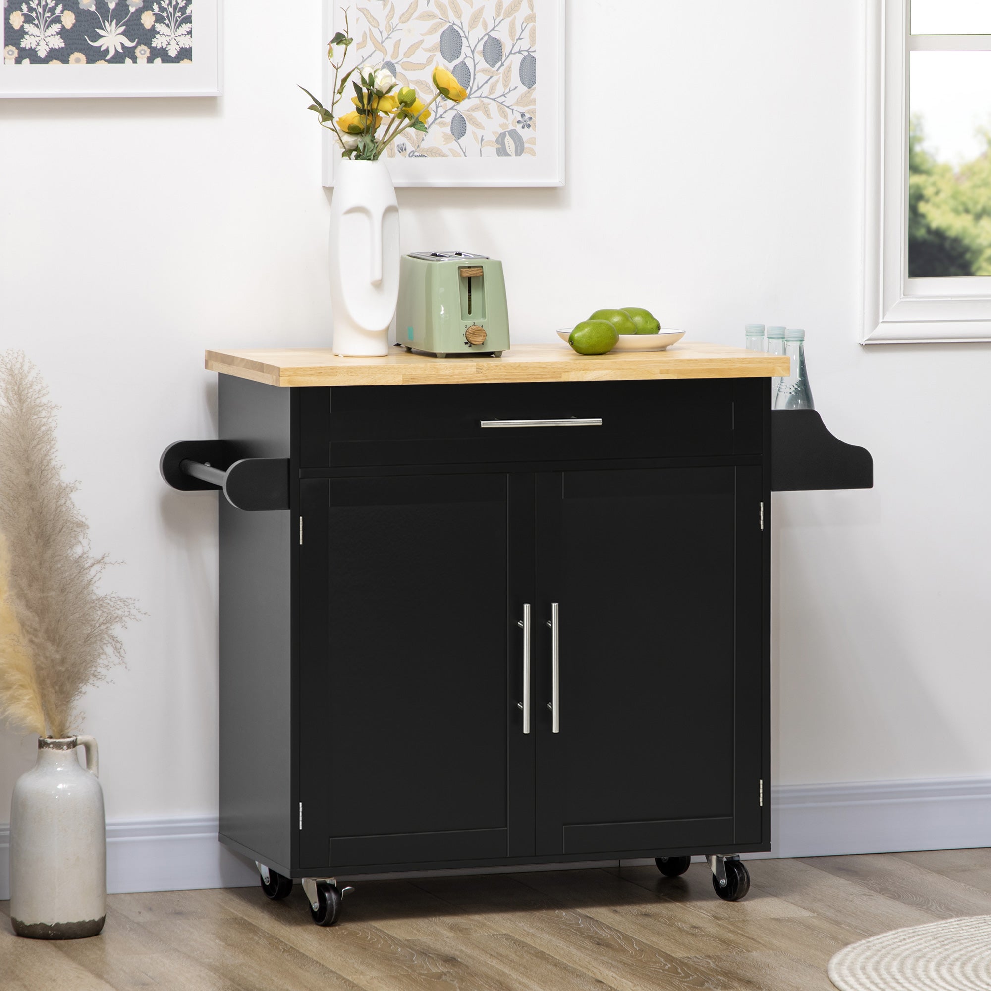 Kitchen Cart Serving Trolley with Worktop, Spice Rack, Towel Holder, Wood