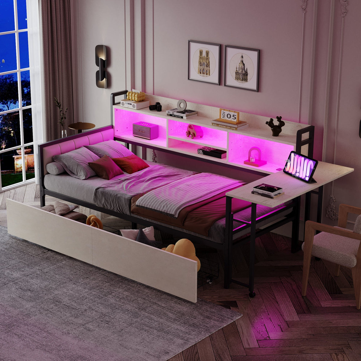 Iron Sofa Bed 90x200cm LED Storage Drawers Fold-Out Desk White