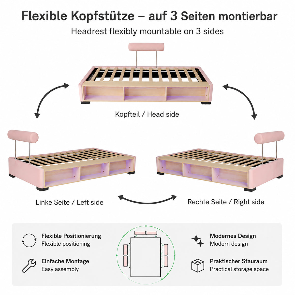 Children's Upholstered Bed with LED Shelf, 90x200 cm, Pink