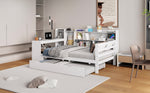Solid Wood Sofa Bed 90x200cm Desk Bookshelves Pull-out Bed, Multifunctional White