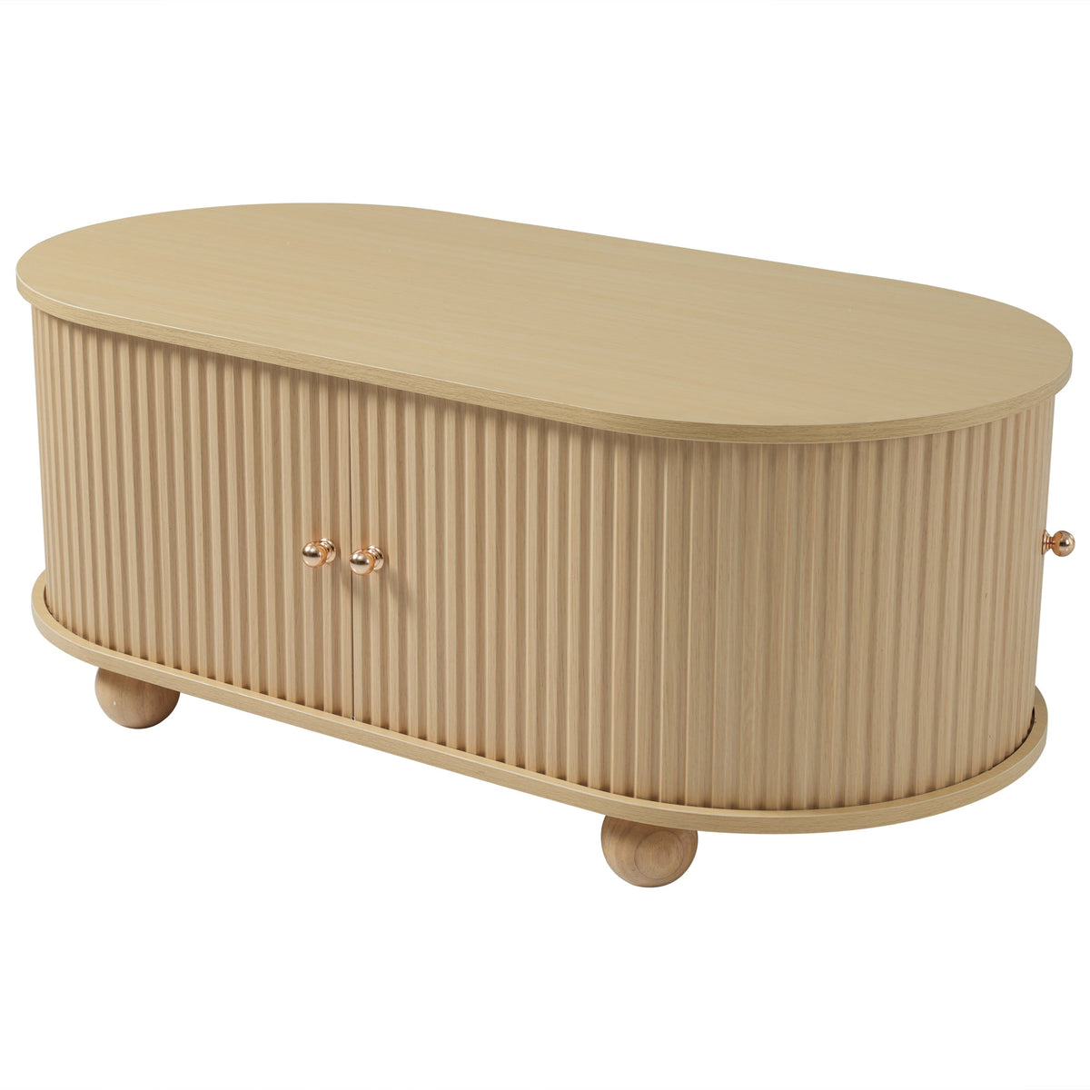 Oval Coffee Table with Storage and Sliding Doors, Multifunctional, Wood Colors