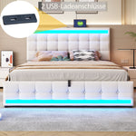 Upholstered Bed, Hydraulic Storage with USB & LED Light Strip, Beige Linen
