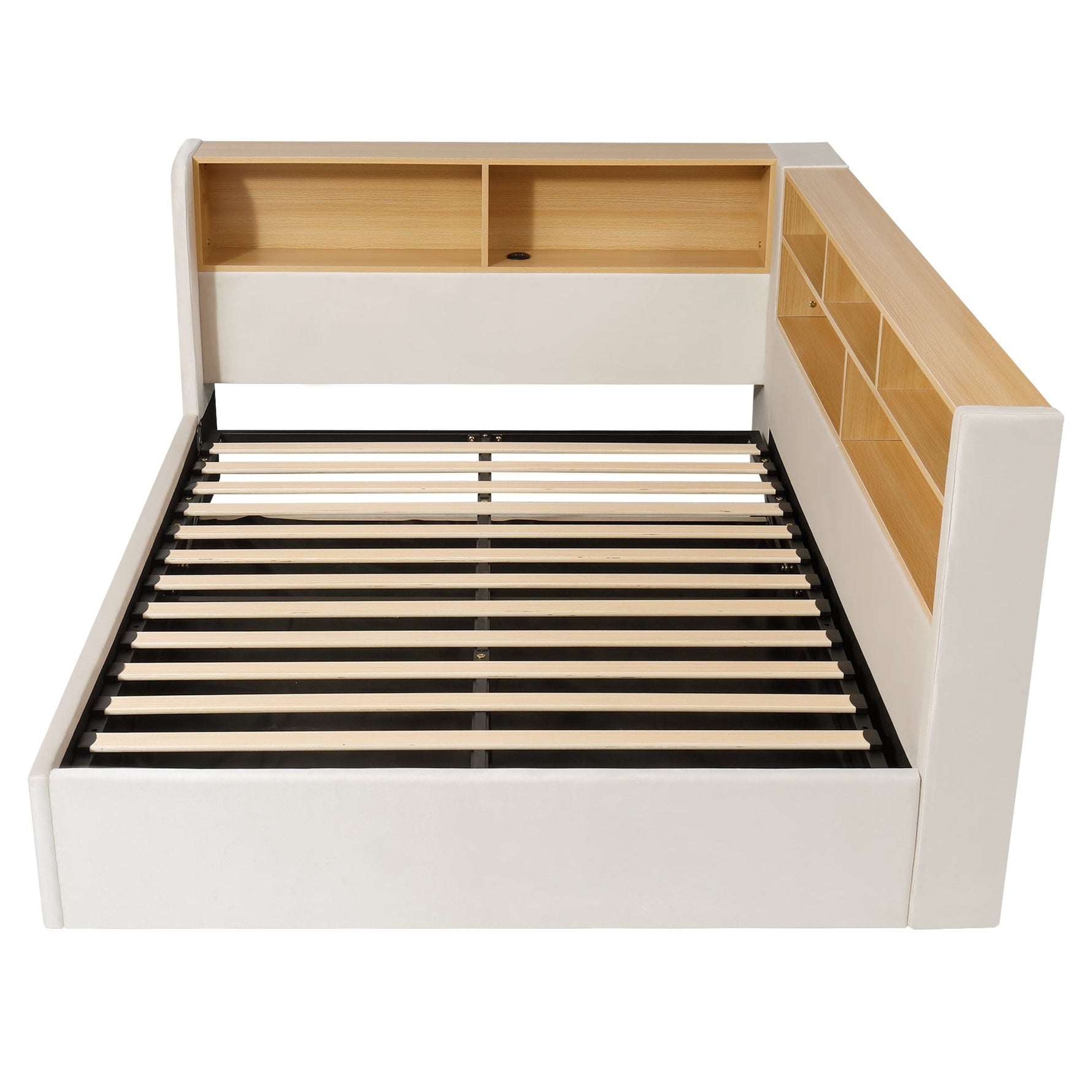 Daybed with Hydraulic Storage, LED, USB and Backrest, 140x190cm, Beige Velvet