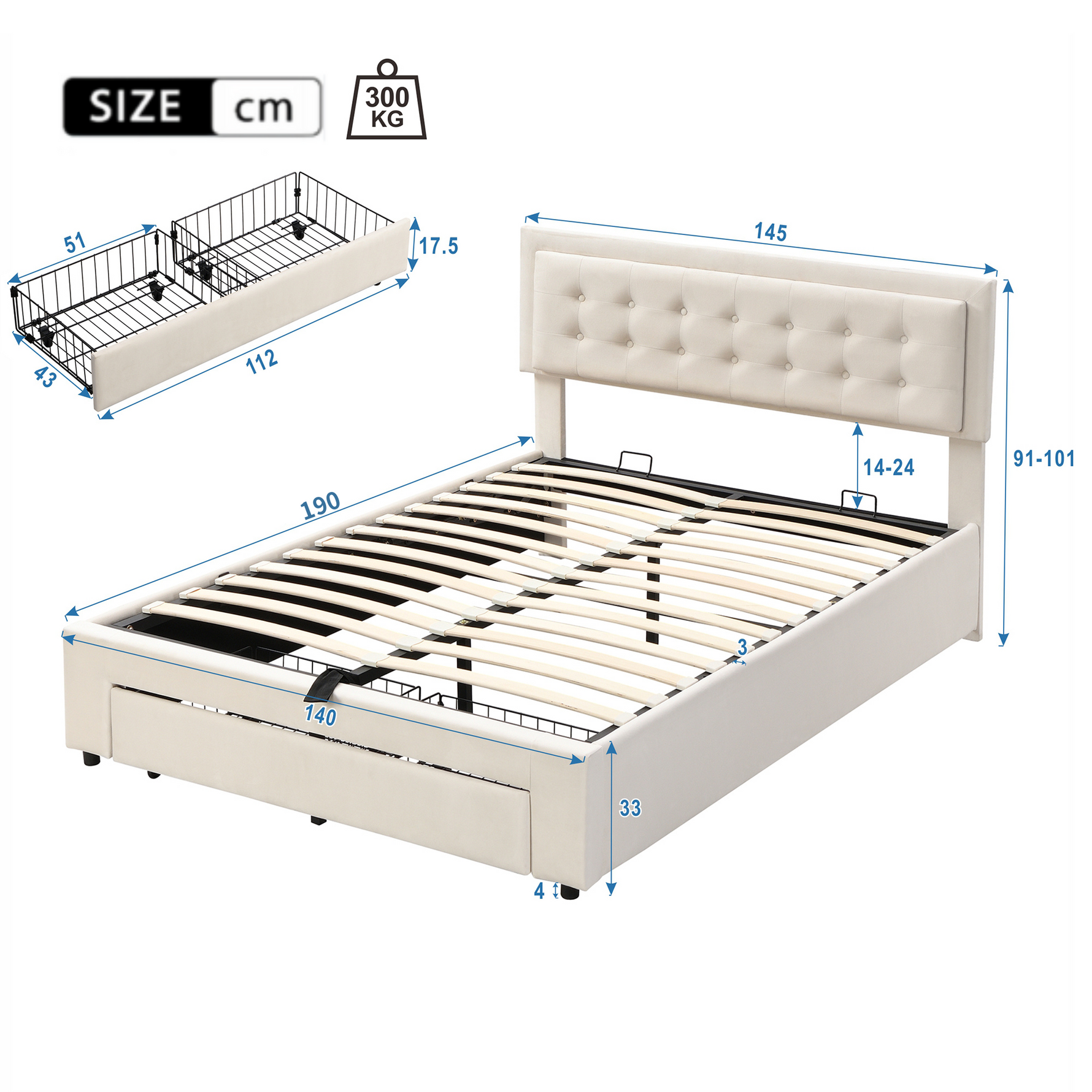 Upholstered Double Bed 140x190cm Hydraulic Storage Headboard 2 Drawers Velvet Beige