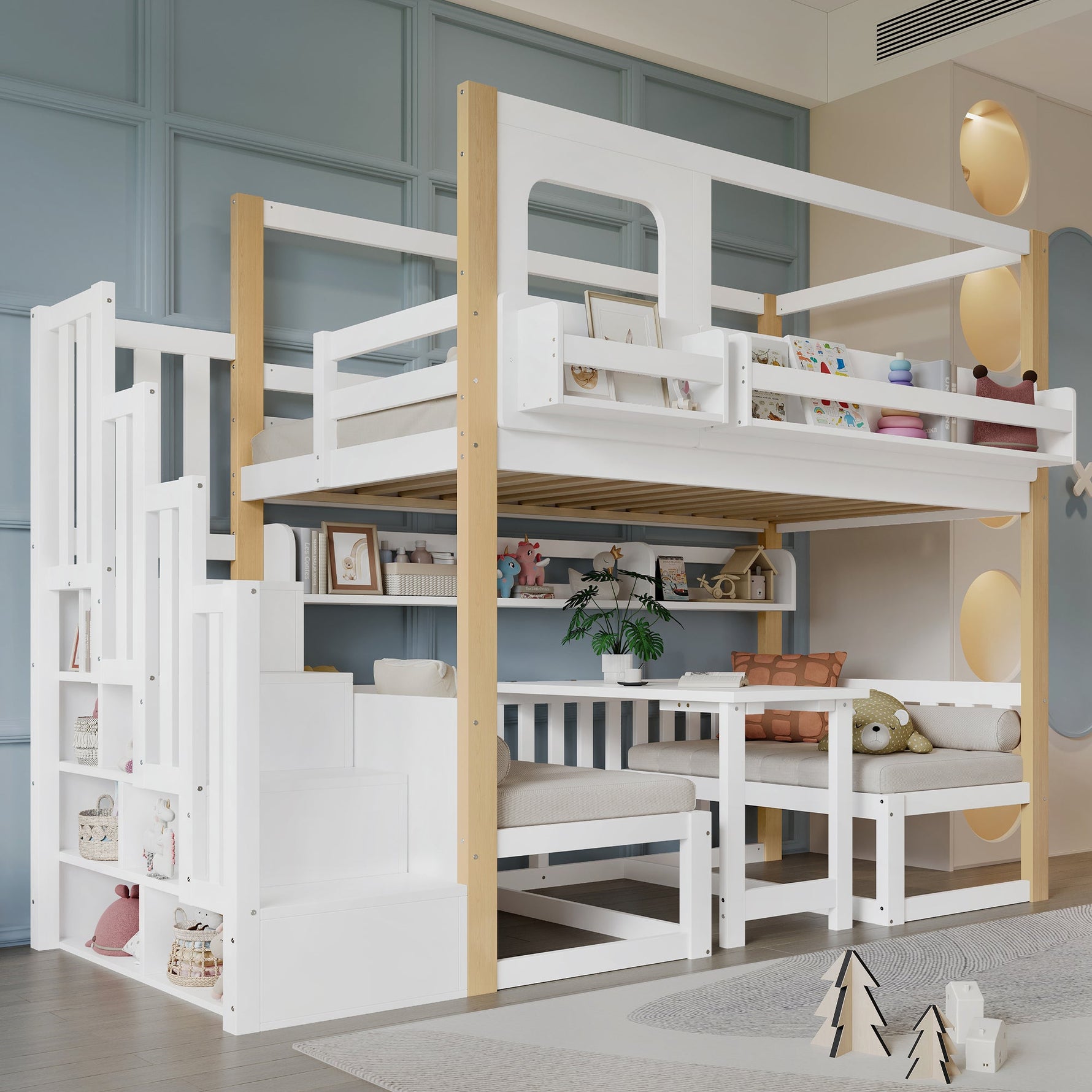 Bunk Bed with Adjustable Table, Bookshelf and Storage Stairs, 90x200cm, White and Natural Pine + MDF