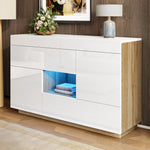 Sideboard, High-Gloss Display Cabinet with LED Lighting & Drawers, White