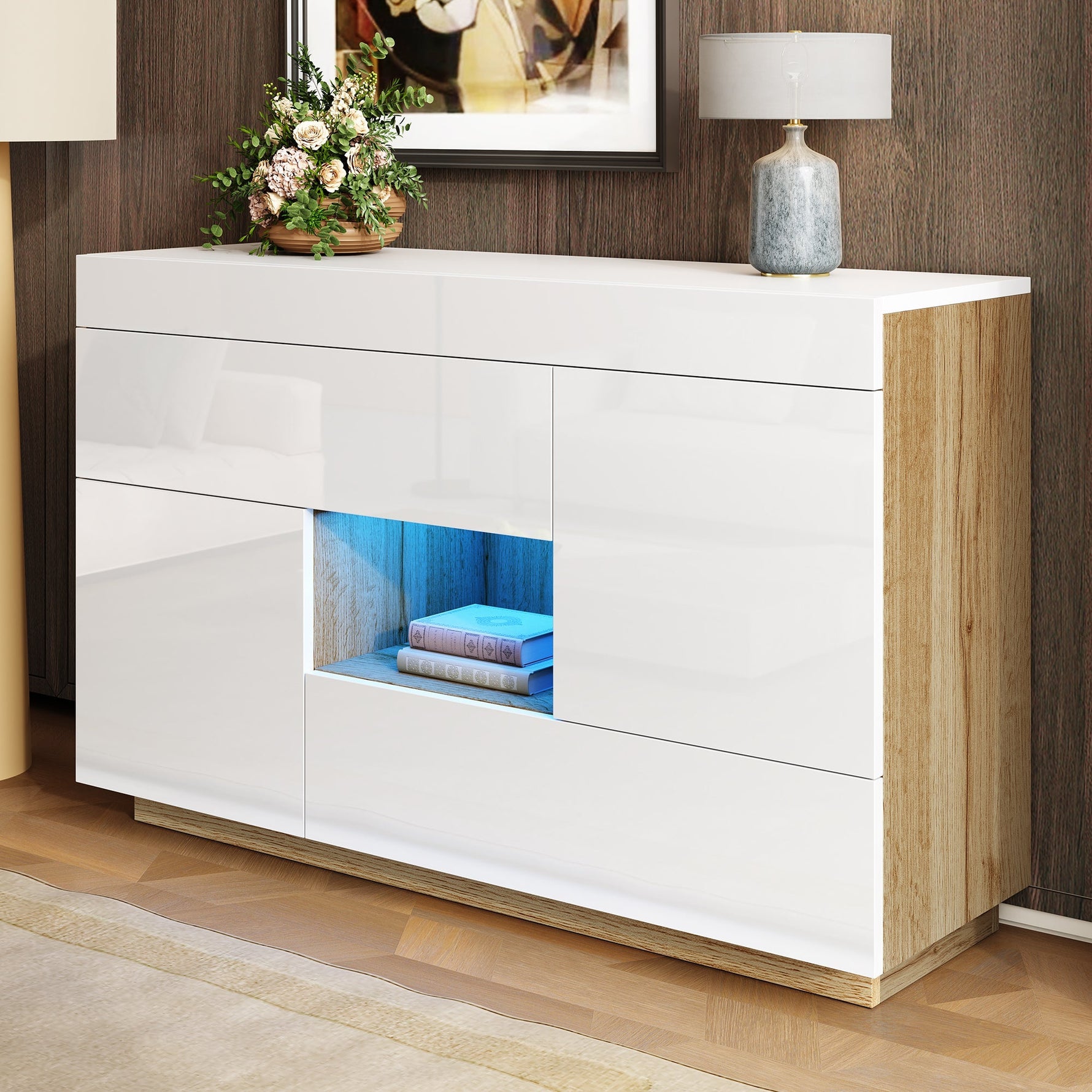 Sideboard, High-Gloss Display Cabinet with LED Lighting & Drawers, White