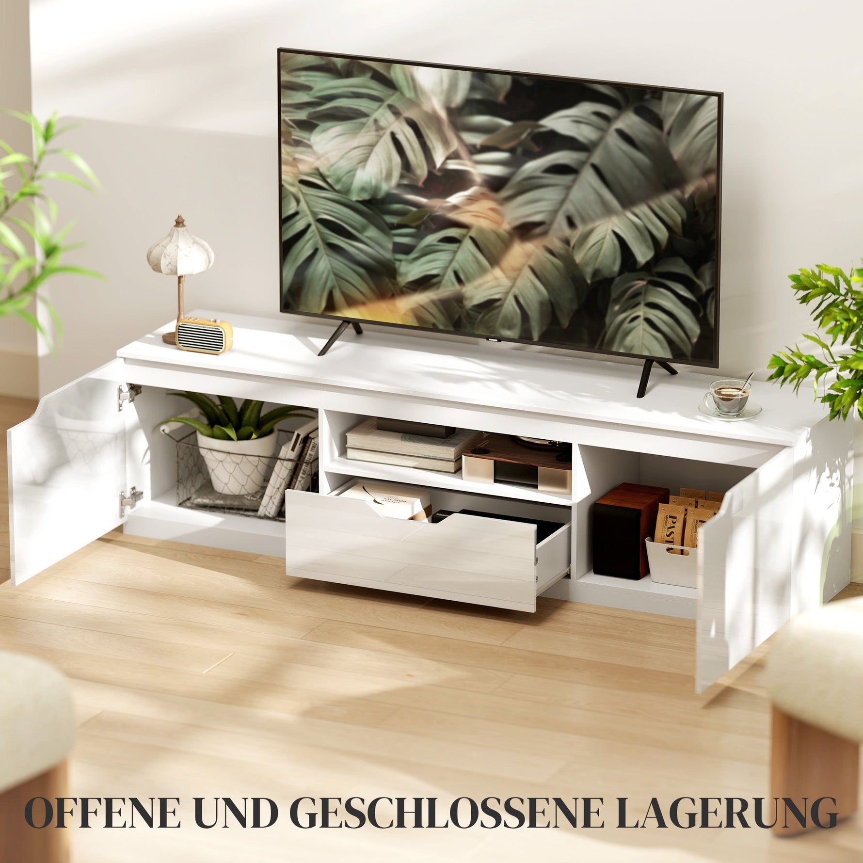 TV Cabinet Lowboard, 2 Doors, Drawer, 160cm, White
