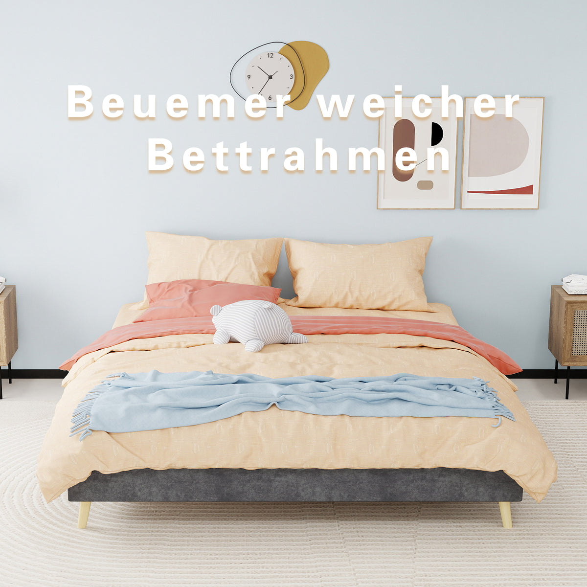 Modern Minimalist Bed Frame 160x200cm with Mattress Gray Dutch Velvet