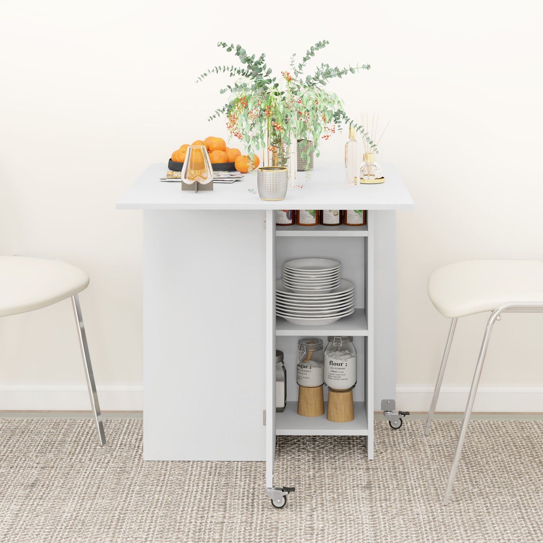 Folding Dining Table, Mobile 2-4 Person Storage Table, White