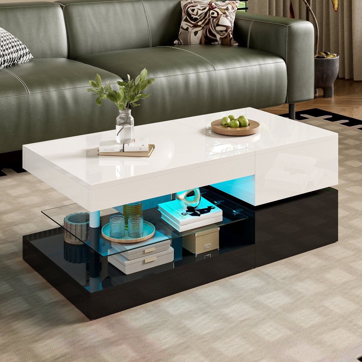 Modern Coffee Table with LED Ambient Lighting, Glass Shelf, High-Gloss Surface, Black and White