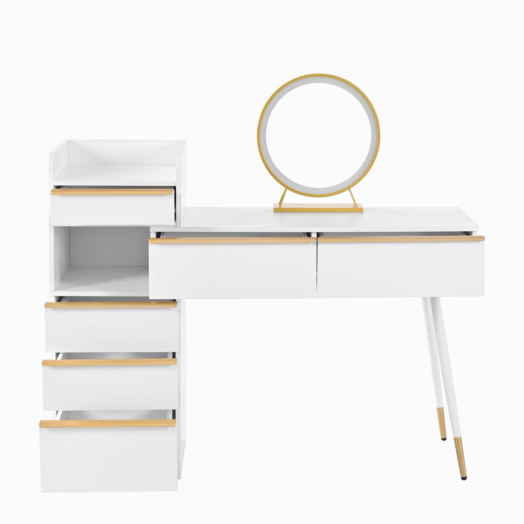 Dressing table with extendable tabletop, 6 drawers, gold handles, LED mirror, dimmable light, white