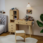 Modern Dressing Table with Retractable Mirror & Stool, Natural Wood