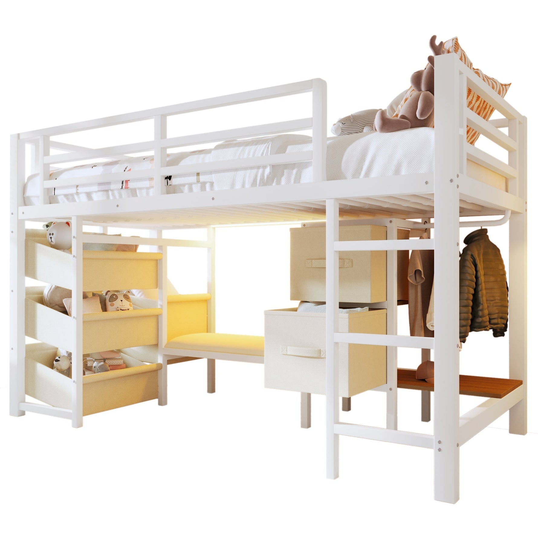 Mid-Height Bed with Storage Drawer and LED Lighting, 90x200 cm, Metal, White