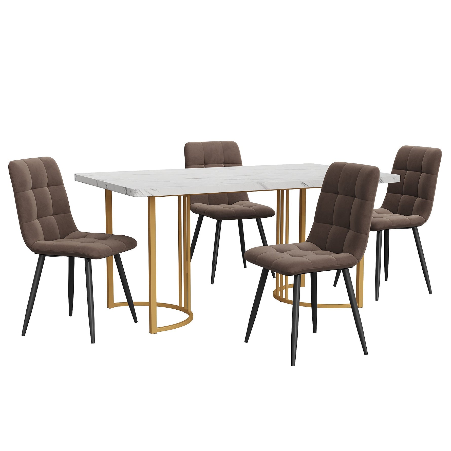 5-Piece Dining Set Modern 140x80cm Table 4 Chairs Gold Legs White MDF Brown Velvet