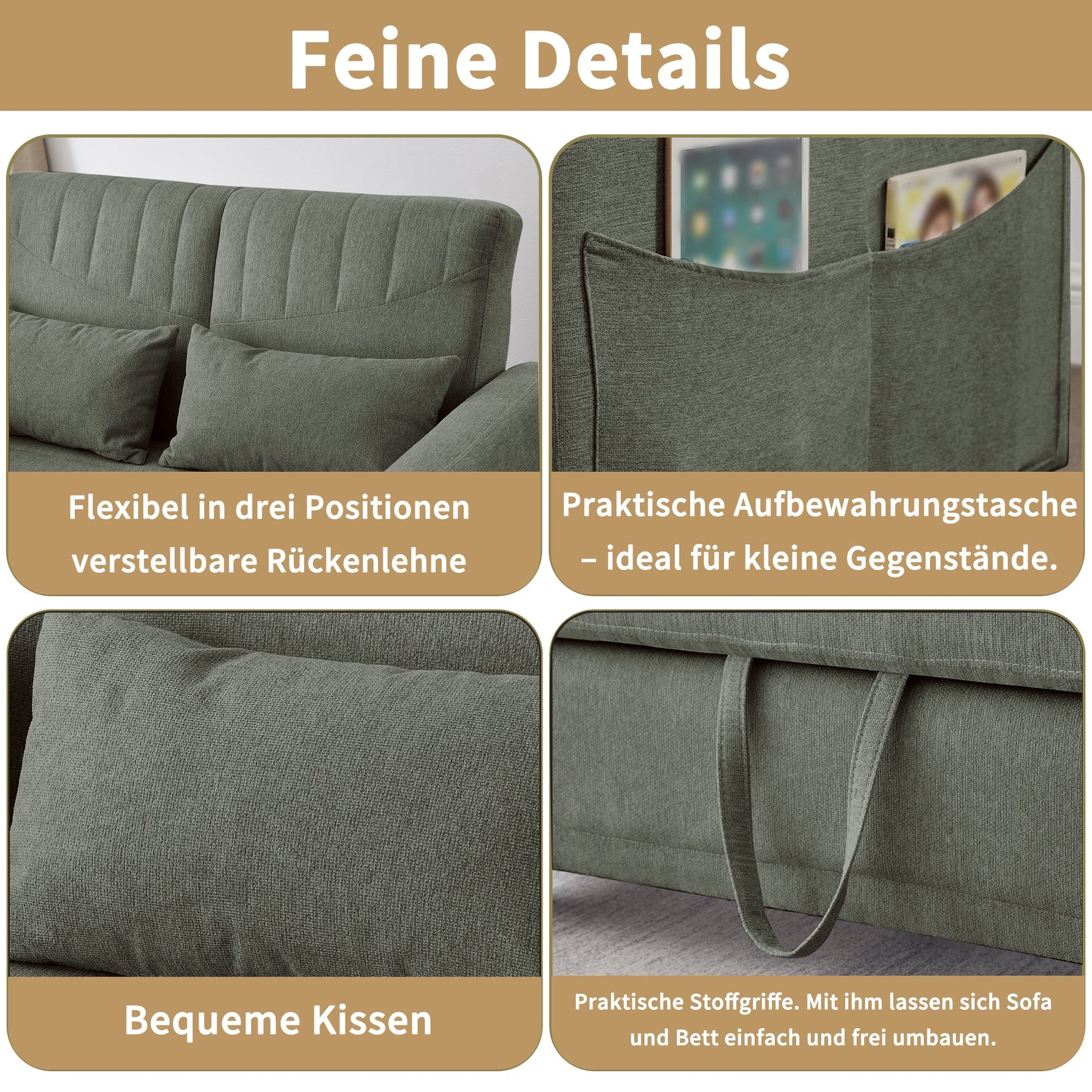 Sofa Bed Two-seater Extendable 3-Position Adjustable Backrest - Cotton-Linen Fabric