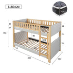 Bunk Bed with Anti-Collision Sponge Edge and Straight Staircase, 90x200cm, Grey and Natural Rubberwood + MDF