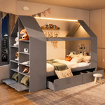 Children's House Bed 90x200cm with Storage Drawers & LED, Grey
