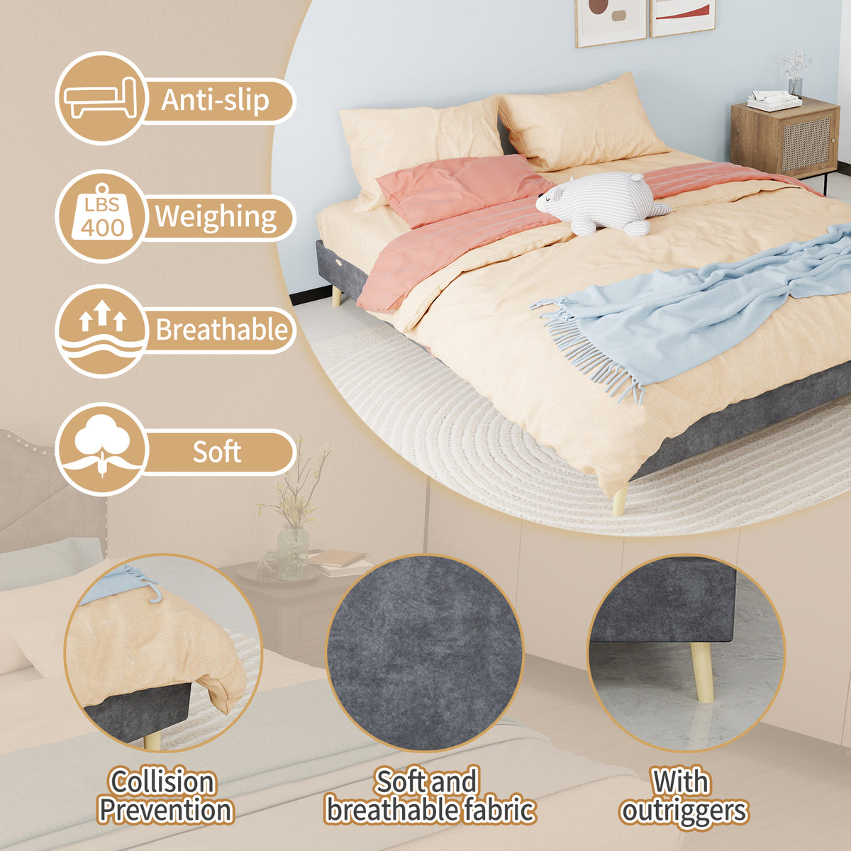 Bed Frame 160x200cm Minimalist Low Box - Gray Dutch Velvet