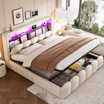 Upholstered Bed 180x200cm with Storage & LED, Beige Velvet