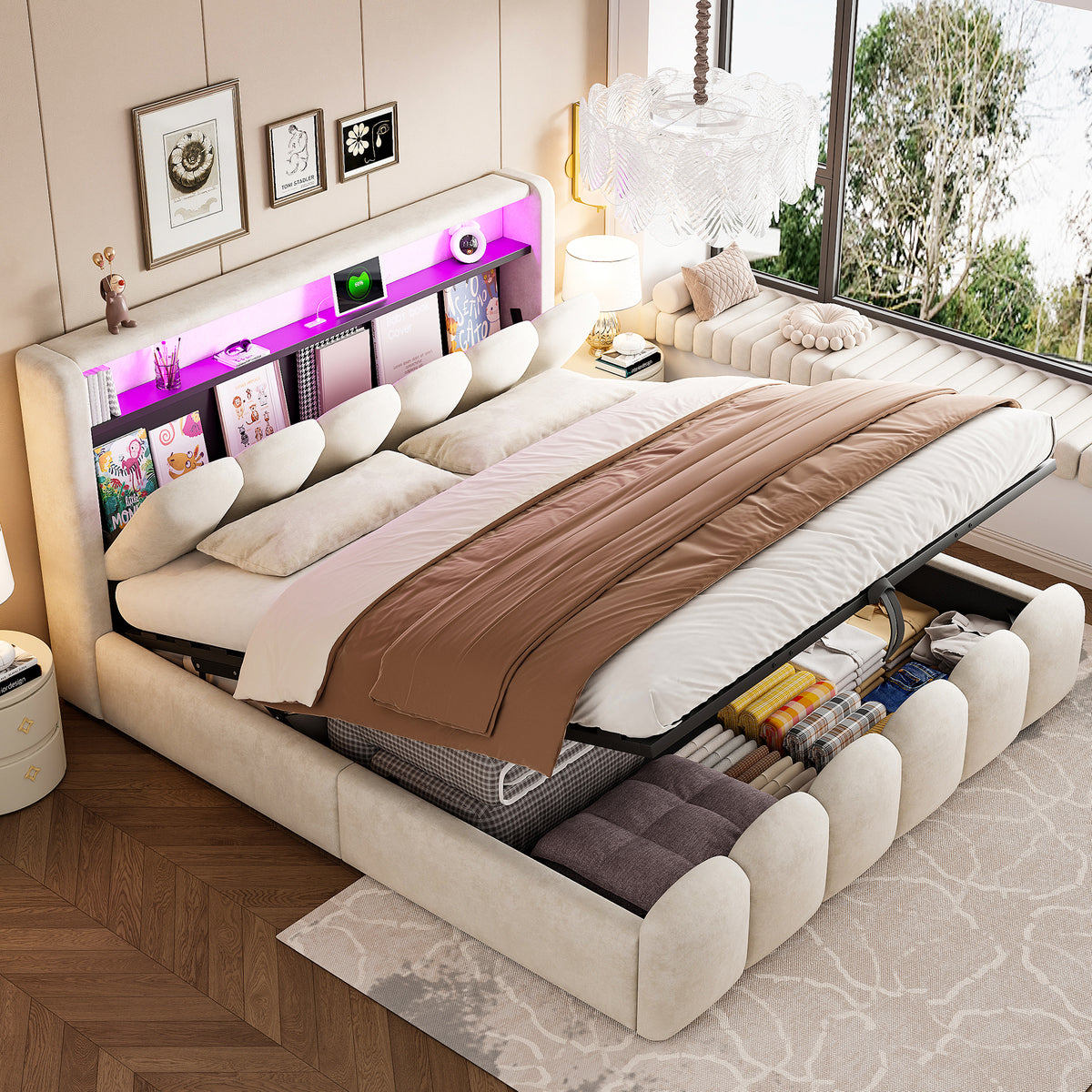 Upholstered Bed 180x200cm with Storage & LED, Beige Velvet