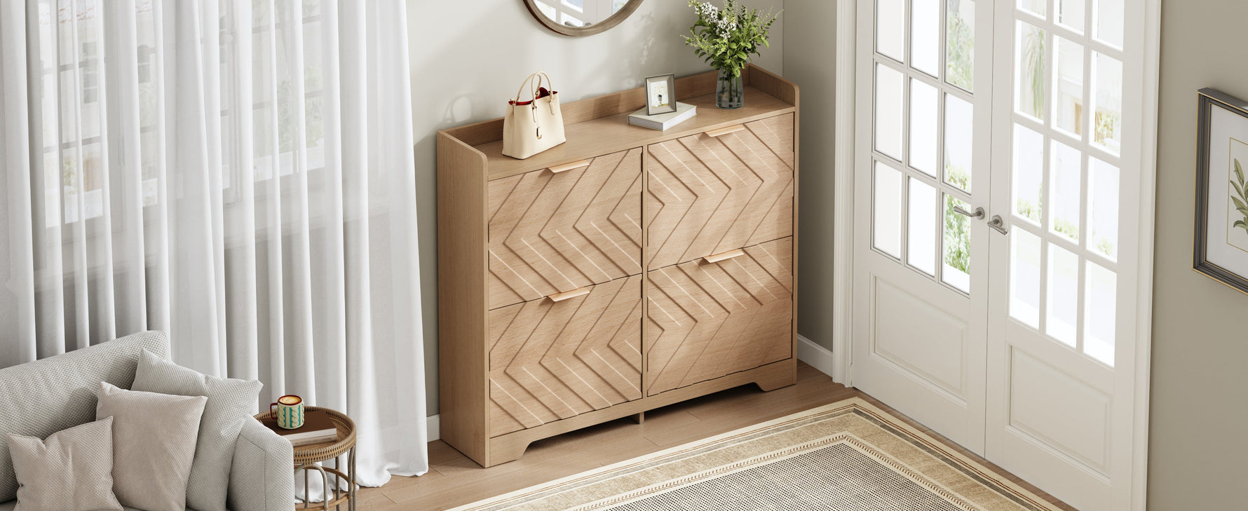 Shoe Cabinet with 4 Flip Drawers and 3D Textured Front, Space-Saving Entryway Storage, Wood White
