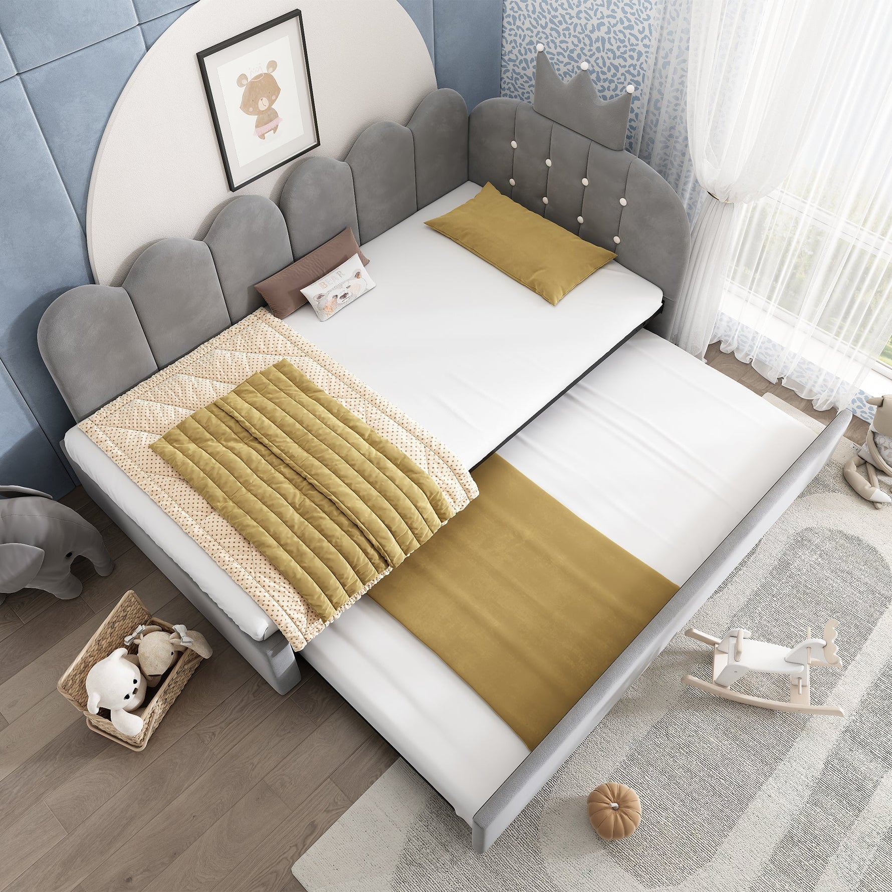 L-Shape Sofa Bed with Pull-Out Guest Bed and Crown Lattice Design, 90x200cm, Grey Velvet