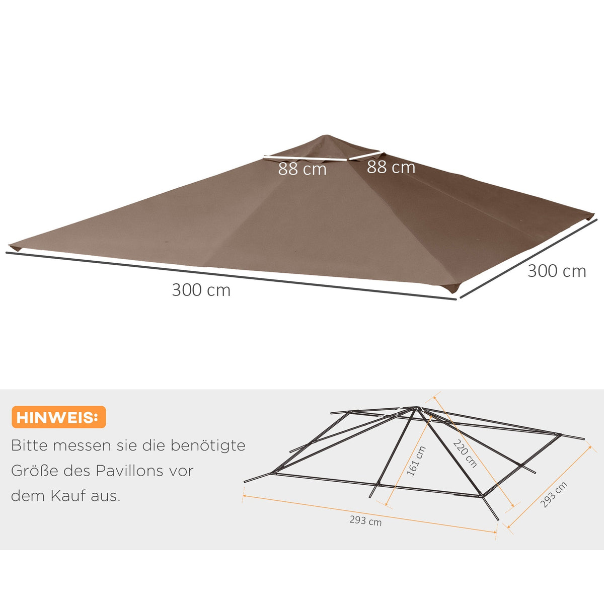 Replacement Roof 2.93x2.93m Gazebo Cover Sunshade Polyester Coffee