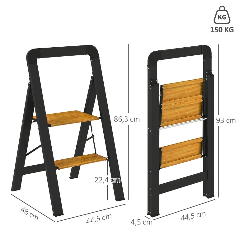 Folding Stepladder 2-Step, Handle, Non-Slip, 150 kg, Aluminium Black