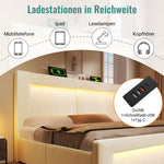 Double Bed 180x200cm Hydraulic Storage LED USB Charging Curved Headboard Beige Velvet