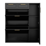 Modern Shoe Cabinet with Adjustable Shelves, Gold Handles, Drawers, Folding Doors, Black