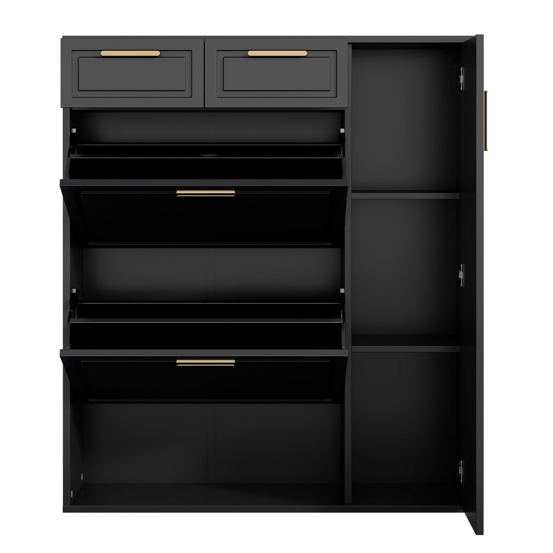 Modern Shoe Cabinet with Adjustable Shelves, Gold Handles, Drawers, Folding Doors, Black