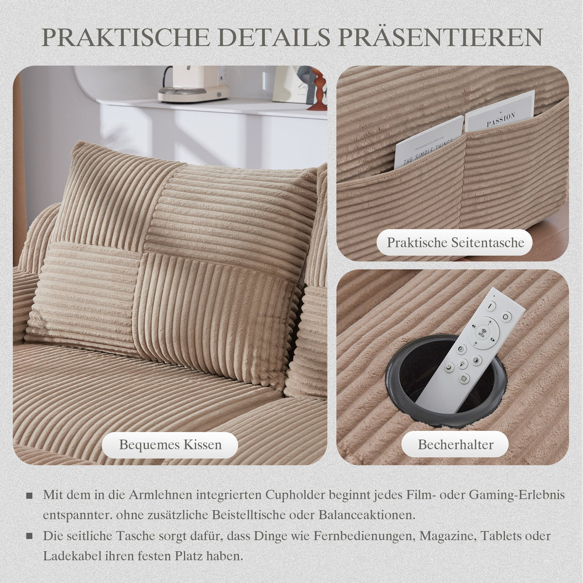 3-Seater Modular Sofa with Ottomans, Cup Holders and Side Pocket, Khaki Corduroy