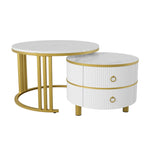 Coffee Table, 2-in-1 Round with 2 Drawers, White Marble & MDF