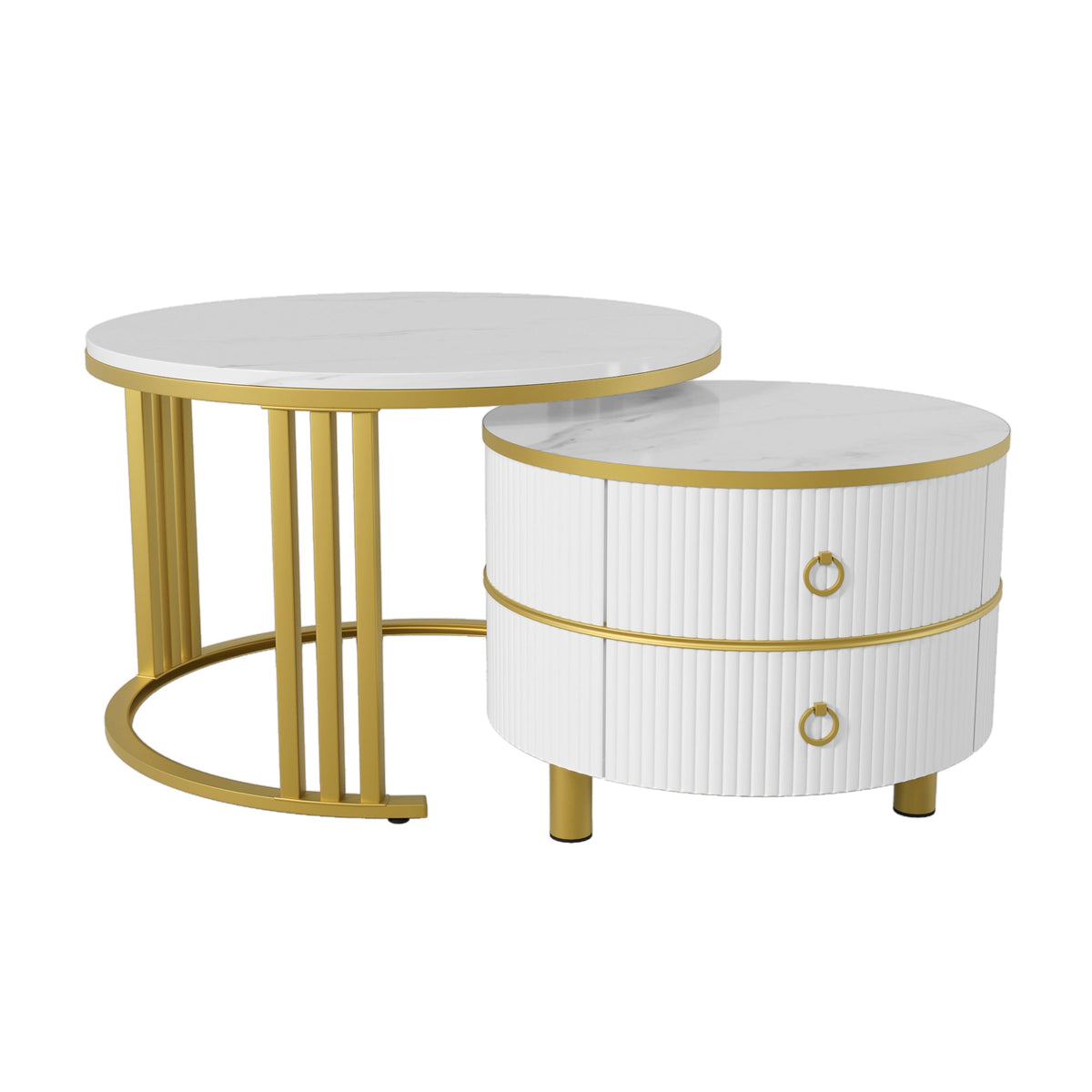 Coffee Table, 2-in-1 Round with 2 Drawers, White Marble & MDF