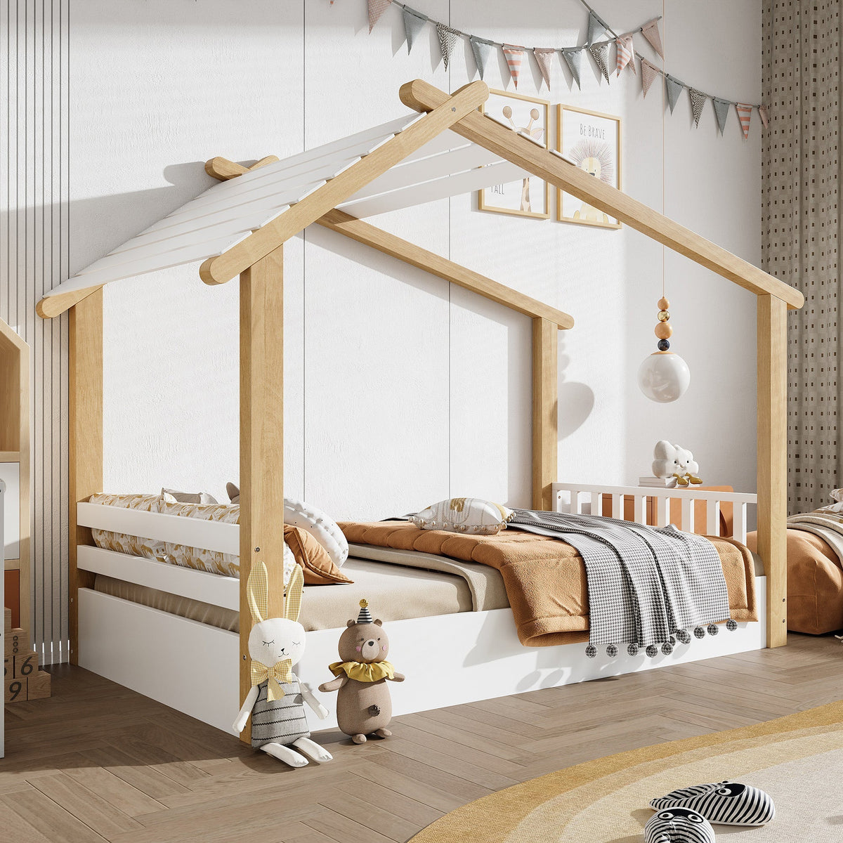 Wooden Bed, House Design Single, Pine + Chipboard + MDF, White + Natural
